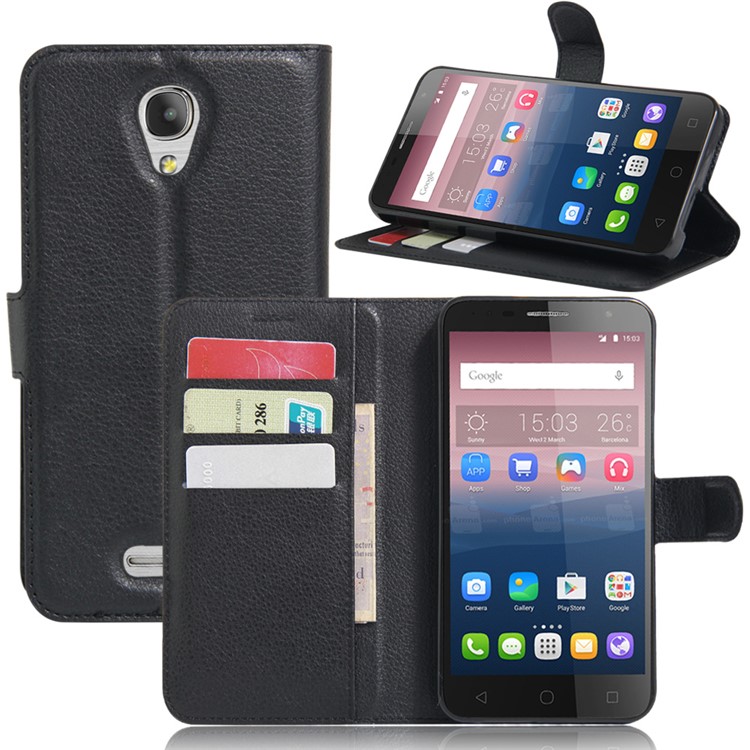 Litchi Skin Leather Wallet Case for Alcatel OneTouch Pop 4+ - Black-6