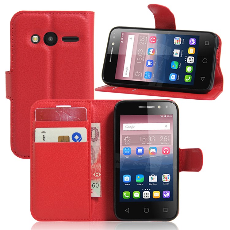 Litchi Leather Wallet Shell for Alcatel OneTouch Pixi 4 (4) - Red-1