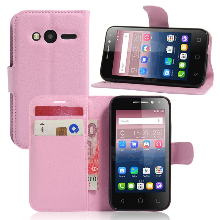 Litchi Leather Stand Flip Cover for Alcatel OneTouch Pixi 4 (4) - Pink-1