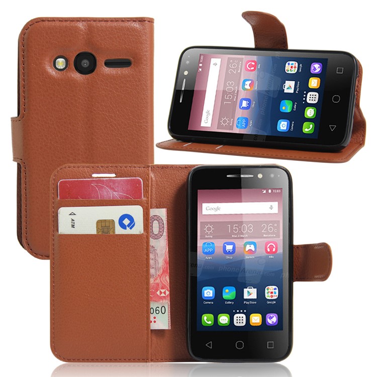 Litchi Leather Wallet Protective Case for Alcatel OneTouch Pixi 4 (4) - Brown-1