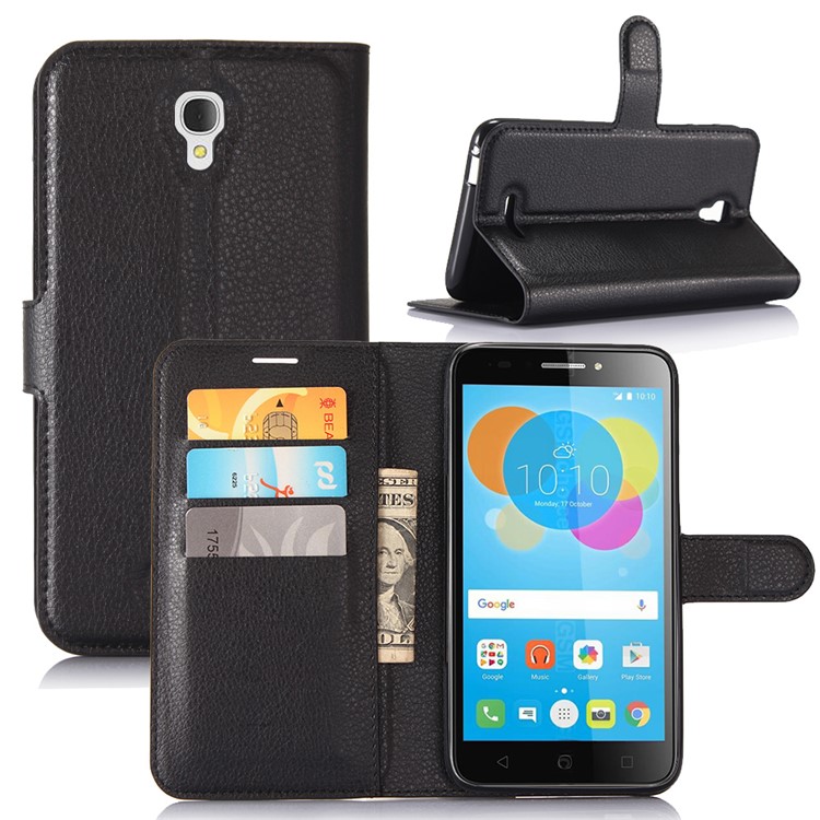 Lychee Grain Wallet Leather Stand Cover for Alcatel Pixi 4 (5.5) OT5012 - Black-1