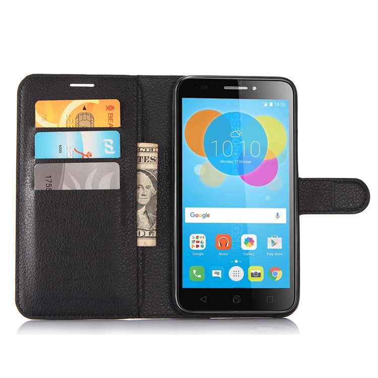 Lychee Grain Wallet Leather Stand Cover for Alcatel Pixi 4 (5.5) OT5012 - Black-4