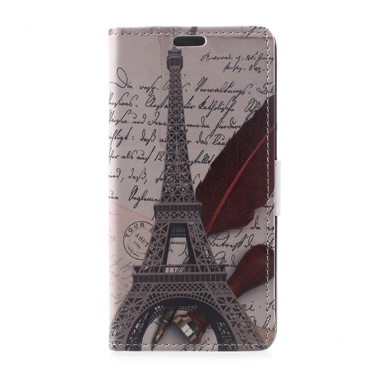 Patterned Leather Card Slots Stand Shell for Alcatel A5 LED - Eiffel Tower and Quill-pen-1