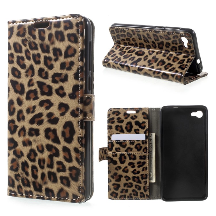 Glossy Leopard Pattern Leather Wallet Cell Phone Case for Alcatel A5 LED-1