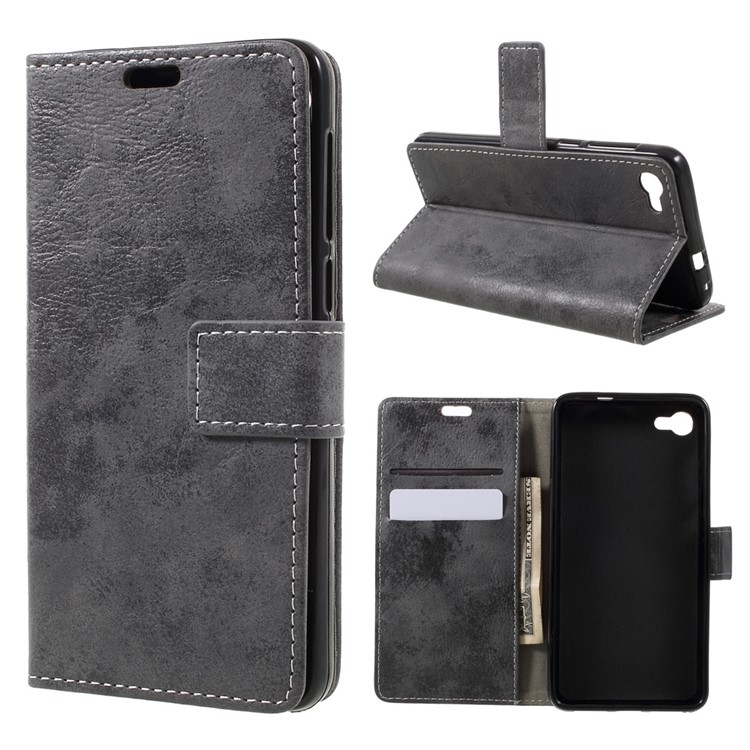 Retro Style Leather Wallet Phone Shell for Alcatel A5 LED - Grey-1