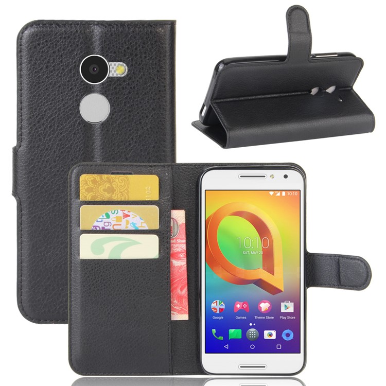 Lychee Skin Wallet Leather Stand Case for Alcatel A3 - Black-1