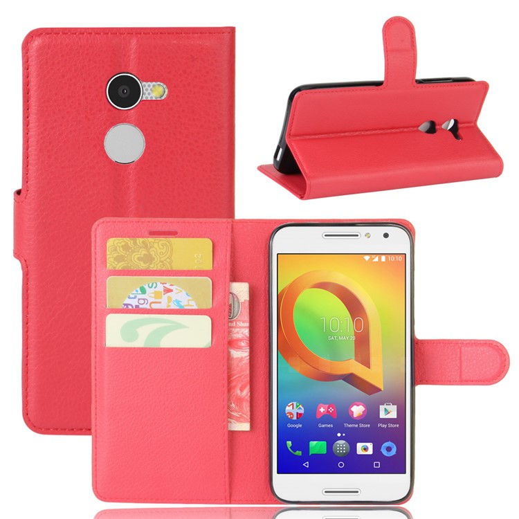 Lychee Skin Wallet Leather Mobile Phone Case for Alcatel A3 - Red-1