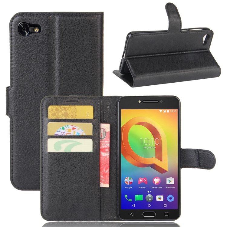 Litchi Skin Wallet Leather Stand Case for Alcatel A5 LED - Black-1