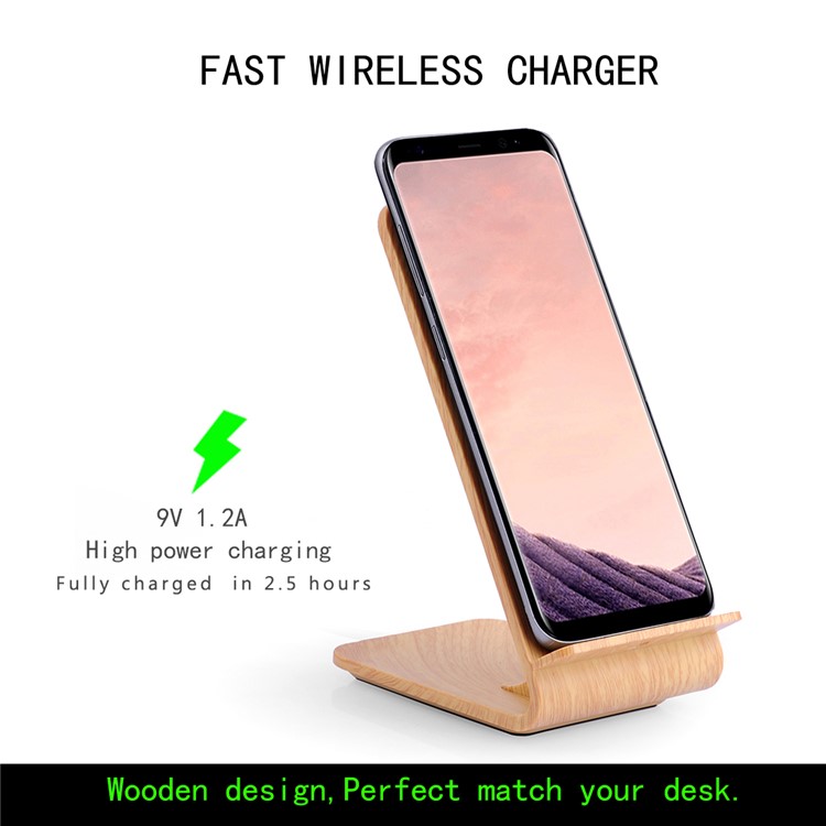A8 Holz 10 Watt Schnelle Ladung Qi Drahtlose Lade Pad Stehen Für Iphone 8/8 Plus / Samsung Galaxy S8 / S7 / S6 Etc - Beige-3
