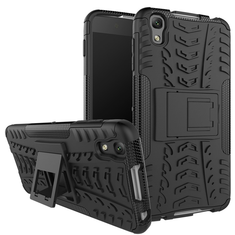For Alcatel OneTouch Idol 4 Tyre Pattern Kickstand PC + TPU Back Case Shell - Black-2
