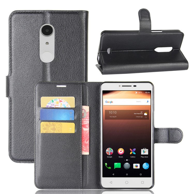 Lychee Skin Wallet Leather Stand Case for Alcatel A3 XL - Black-1