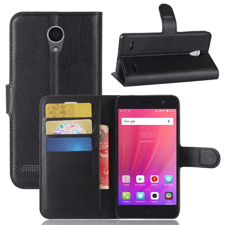 Litchi Texture PU Leather Wallet Stand Flip Case for ZTE Blade A521 - Black-1