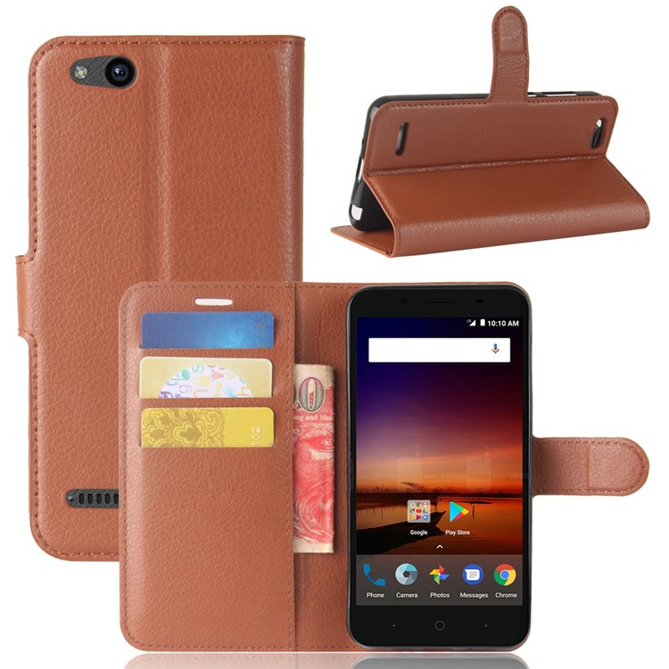Litchi Texture Wallet Stand PU Leather Mobile Casing for ZTE Tempo X N9137 - Brown-1