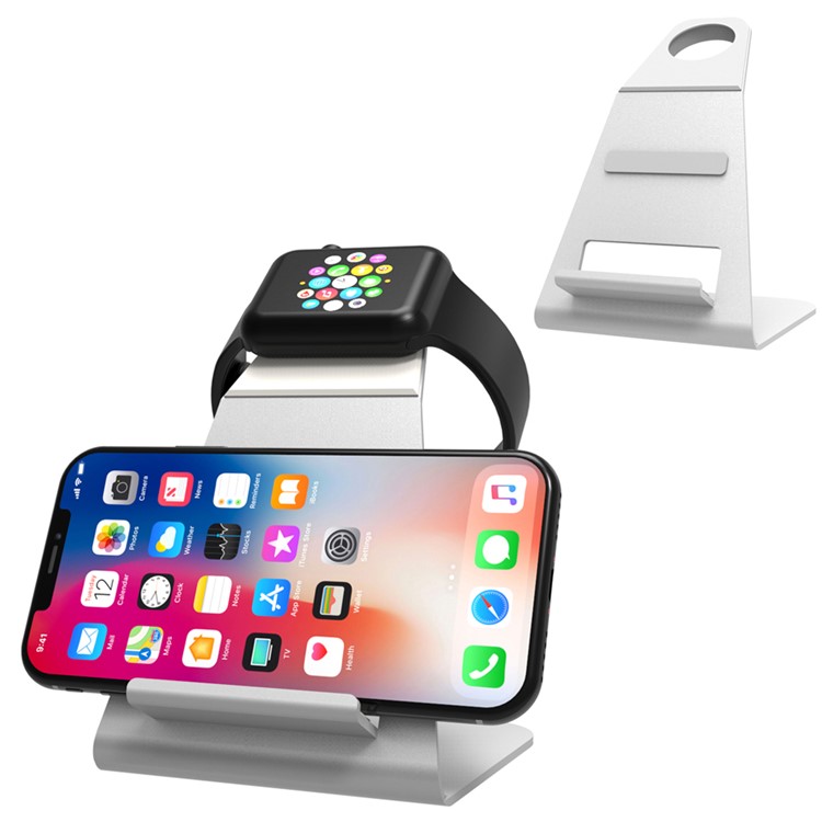 HJZJ004 Aluminum Alloy Desktop Charging Stand Mount Holder for Apple Watch iPhone - Silver-1