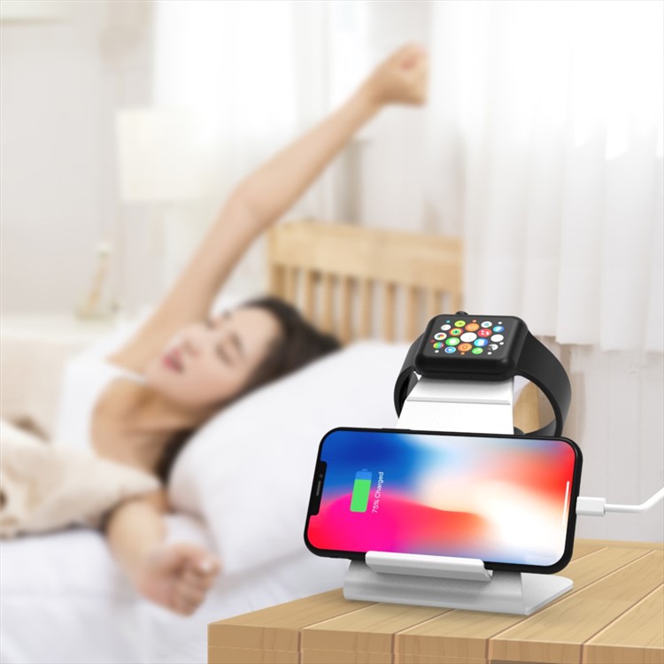 HJZJ004 Aluminum Alloy Desktop Charging Stand Mount Holder for Apple Watch iPhone - Silver-9