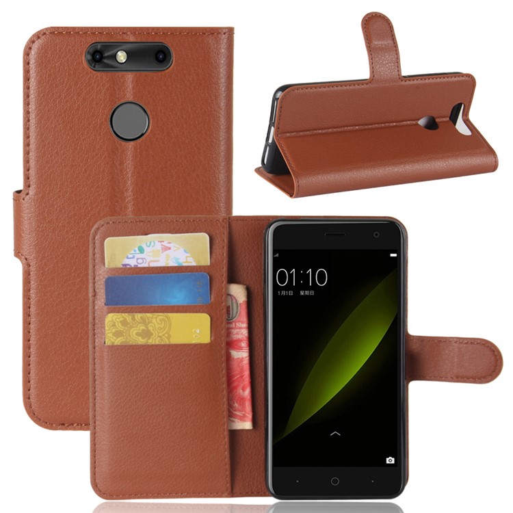 Litchi Texture PU Leather Protection Cover Shell with Card Holder for ZTE Small Fresh 5 / V0840 - Brown-1