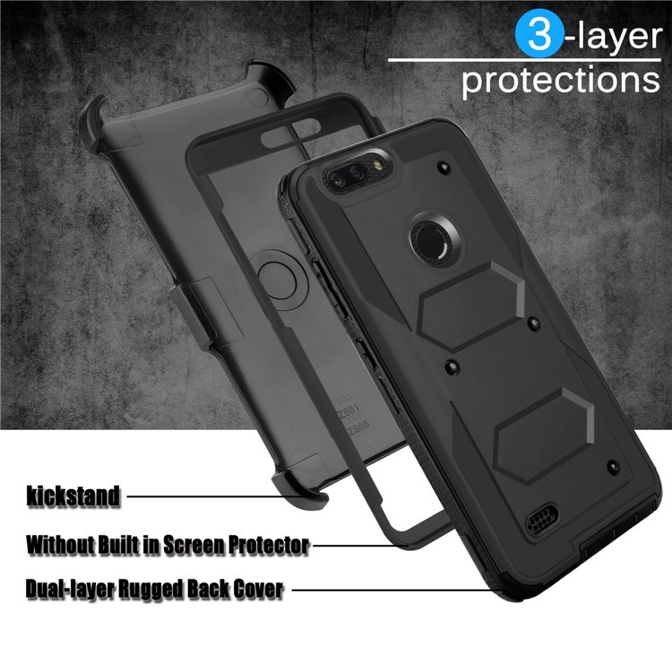 Heavy Duty Rugged PC TPU Hybrid Belt Clip Kickstand Case for ZTE Z982 / Sequoia / Zmax Pro 2 - Black-6