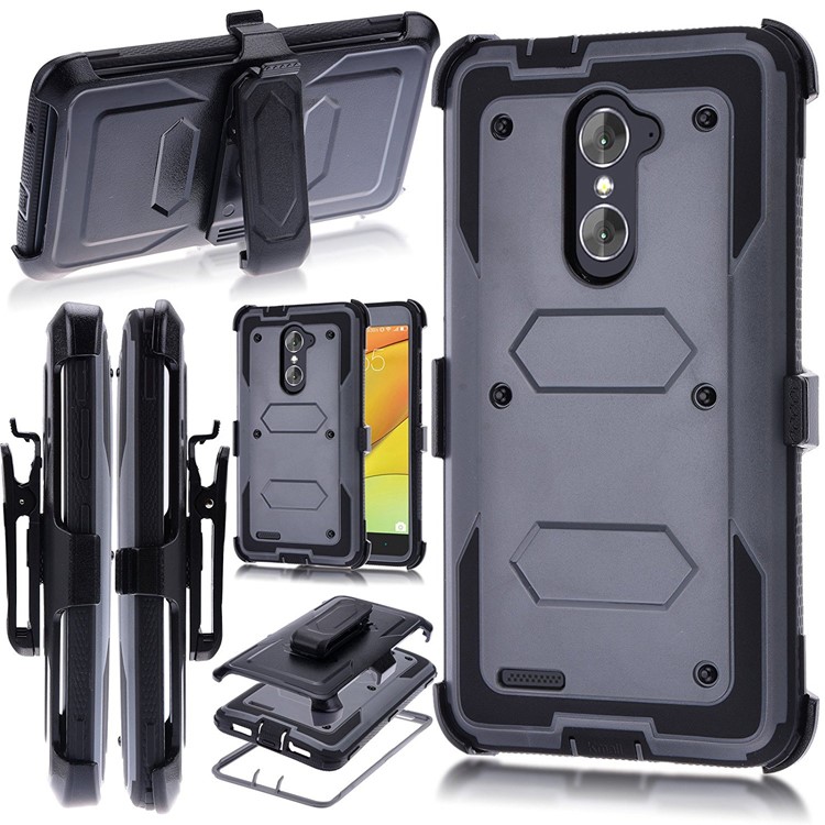 Heavy Duty Rugged PC TPU Hybrid Belt Clip Kickstand Case for ZTE Z988/Z963/Z981/Z983 - Grey-2