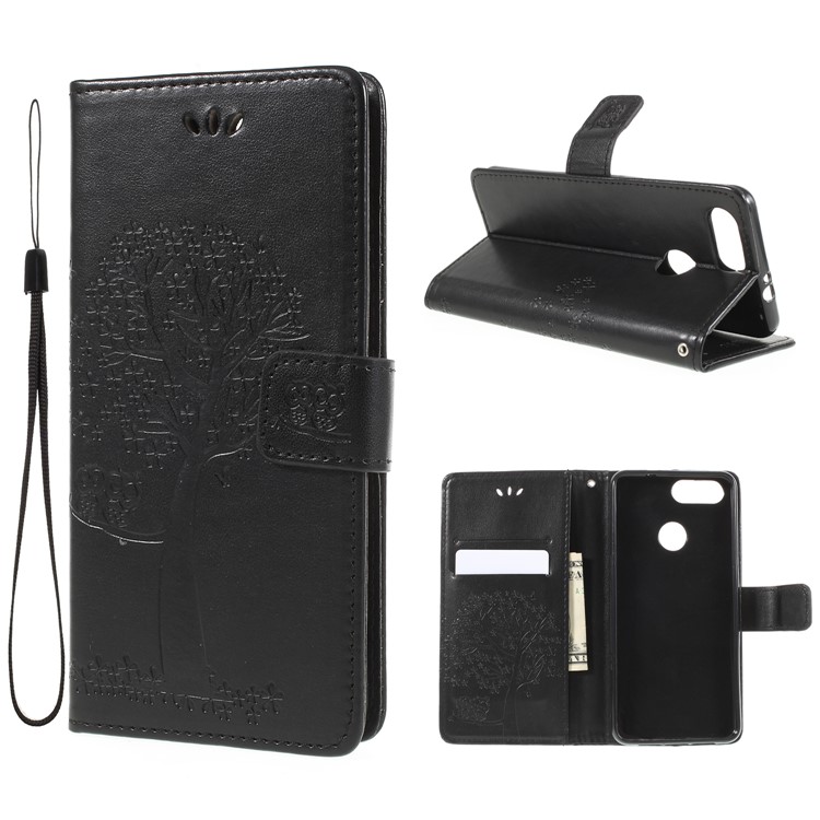 Imprint Tree Owl Magnetic Wallet PU Leather Casing Cover with Stand for ZTE Blade V9 - Black-1