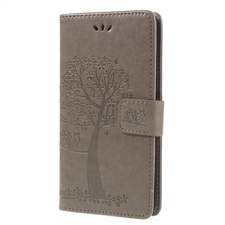 Imprint Tree Owl Magnetic Wallet PU Leather Cover with Stand for ZTE Blade V9 - Grey-1