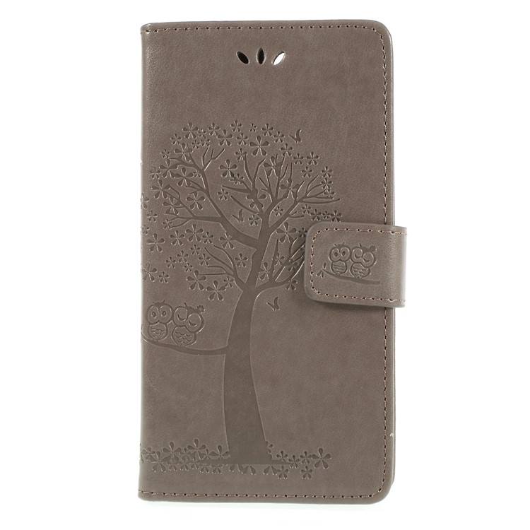 Imprint Tree Owl Magnetic Wallet PU Leather Cover with Stand for ZTE Blade V9 - Grey-3
