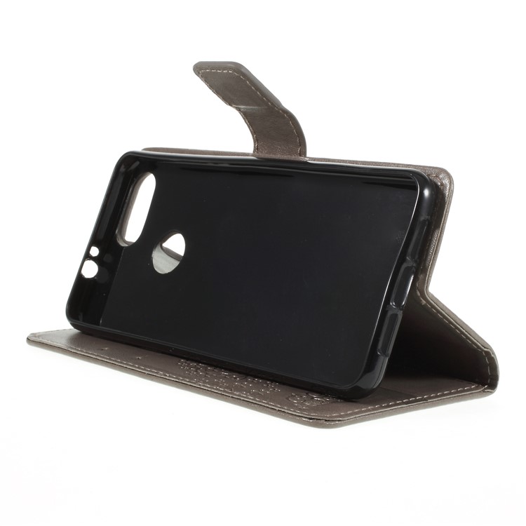 Imprint Tree Owl Magnetic Wallet PU Leather Cover with Stand for ZTE Blade V9 - Grey-4