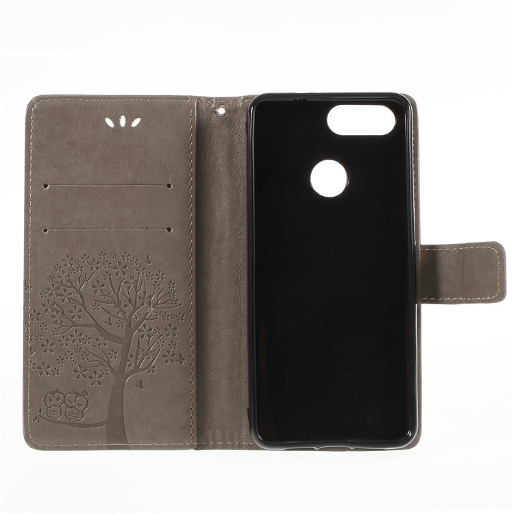 Imprint Tree Owl Magnetic Wallet PU Leather Cover with Stand for ZTE Blade V9 - Grey-6