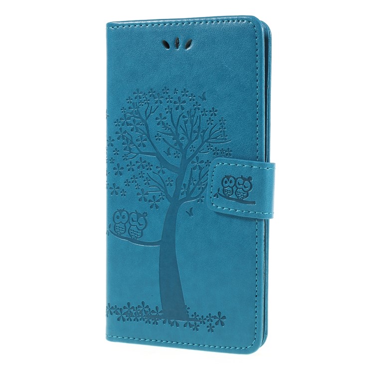 Imprint Tree Owl Magnetic Wallet PU Leather Cell Phone Cover with Stand for ZTE Blade V9 - Blue-1