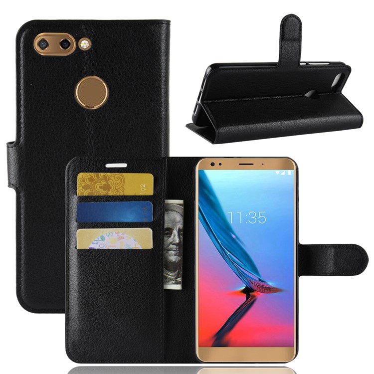 Litchi Skin Wallet Leather Stand Case for ZTE Blade V9 - Black-1