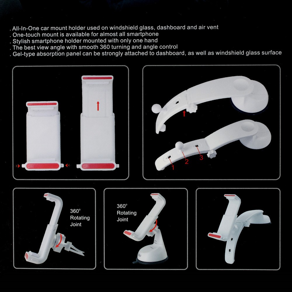 3-in-1 Multifunctional Car Mount Stand for iPhone Samsung Sony, Clamp Range: 5.5 - 8.5cm - Black-8