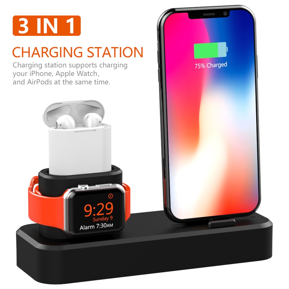 Ajgjzj001 3-в-1 Зарядная Подставка Для Iphone/iwatch/airpods Силиконовый Зарядный Док-станция - Черный