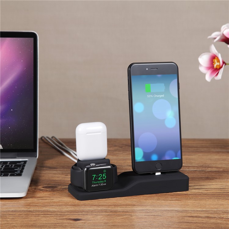 O Suporte Do Carregador Da Doca Do Suporte Do Silicone 3-in-1 Monta A Base Para O Iwatch Do Iphone Dos Airpods - Preto-2