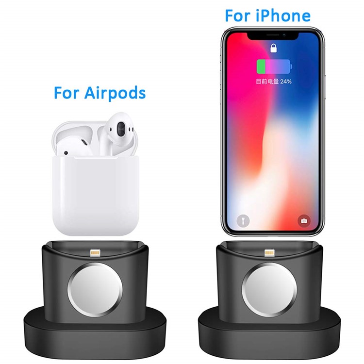 Soporte De Carga Del Silicón Del Soporte De Carga De Las Auriculares Del Reloj Del Teléfono Móvil 3-in-1 Para Los Airpods / Iphone / Iwatch - Negro-7