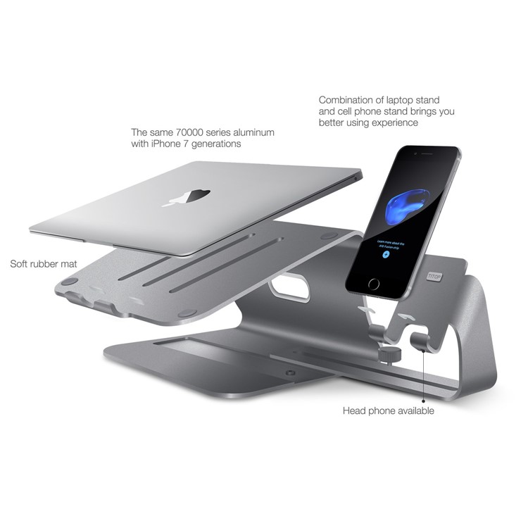 BESTAND 2 in 1 Aluminum Alloy Cooling Laptop and Phone Holder Stand - Grey-2