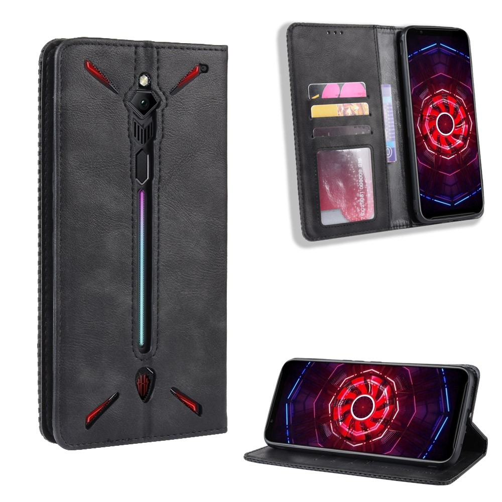 Auto-absorbed Vintage Leather Wallet Hollow Out Phone Cover for ZTE nubia Red Magic 3 - Black-1