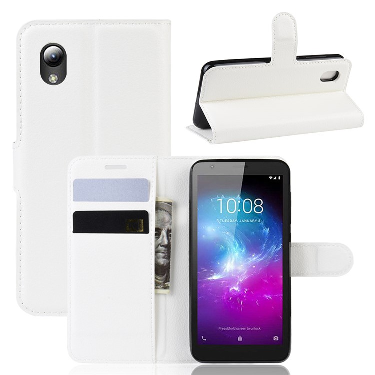 Litchi Skin Leather Wallet Stand Case for ZTE Blade A3 (2019) - White-1