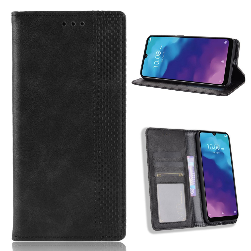Vintage Vein PU Leather Wallet Phone Cover Shell with Fingerprint Hole for ZTE Blade A7 2020 - Black-1
