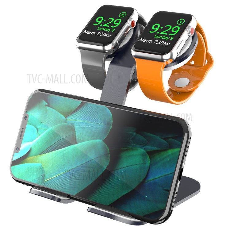 AJZJ04A 2-in-1 Charging Dock Aluminum Alloy Holder Stand for Dual iWatch and iPhone - Black-2