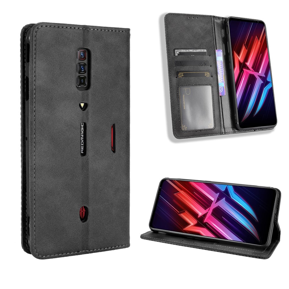 Magnetic Closure Vintage Style Phone Case Wallet Stand Leather Cover for ZTE nubia Red Magic 6 Pro / ZTE nubia Red Magic 6 - Black-8
