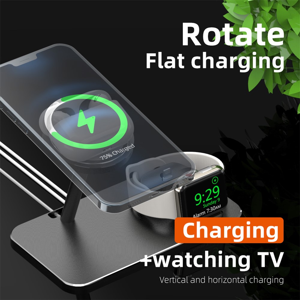 AJZJ07A Rotary Wireless 3 in 1 Charging Stand Dock Holder for Apple Watch / AirPods / iPhone 12 - Black-2