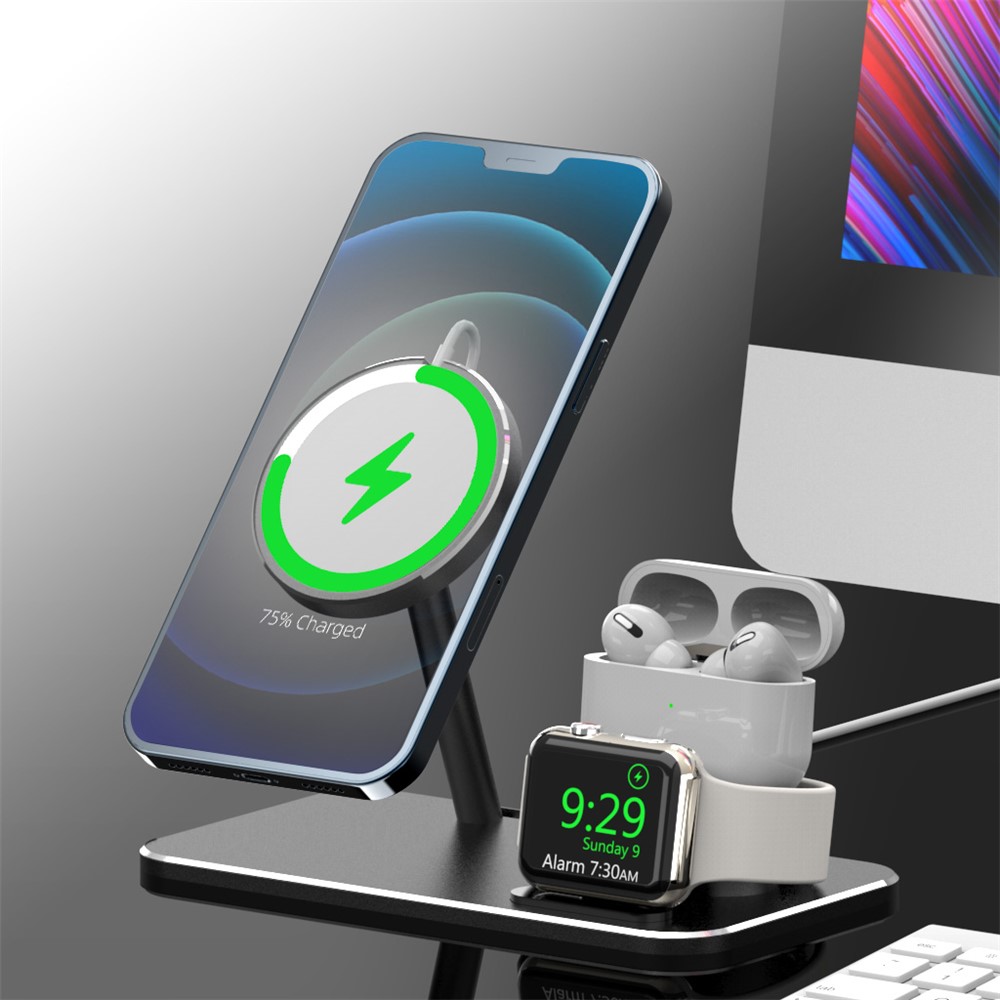 AJZJ07A Rotary Wireless 3 in 1 Charging Stand Dock Holder for Apple Watch / AirPods / iPhone 12 - Black-3