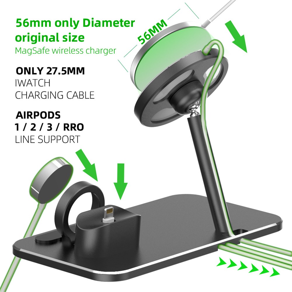 AJZJ07A Rotary Wireless 3 in 1 Charging Stand Dock Holder for Apple Watch / AirPods / iPhone 12 - Black-4