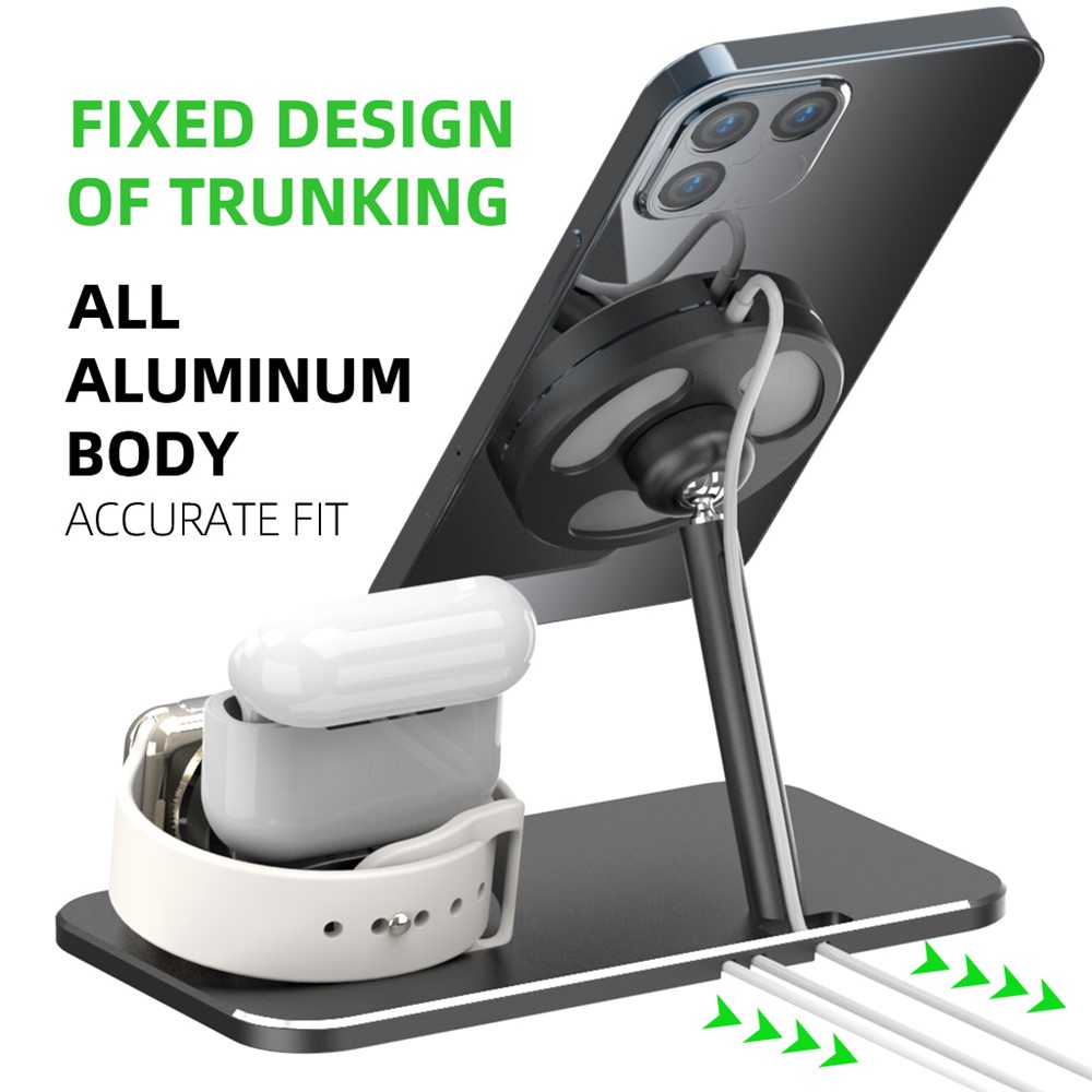 AJZJ07A Rotary Wireless 3 in 1 Charging Stand Dock Holder for Apple Watch / AirPods / iPhone 12 - Black-5