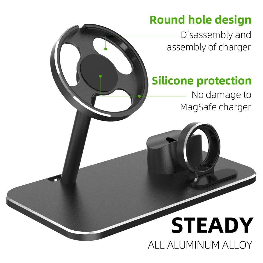 AJZJ07A Rotary Wireless 3 in 1 Charging Stand Dock Holder for Apple Watch / AirPods / iPhone 12 - Black-6