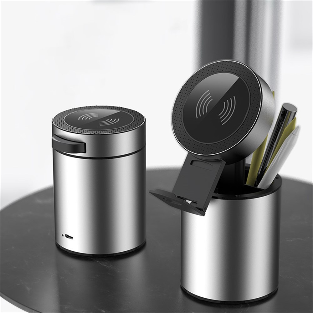 CCH1 Folding Portable Mobile Phone Wireless Charging Station with Pen Holder - Metal Silver-2