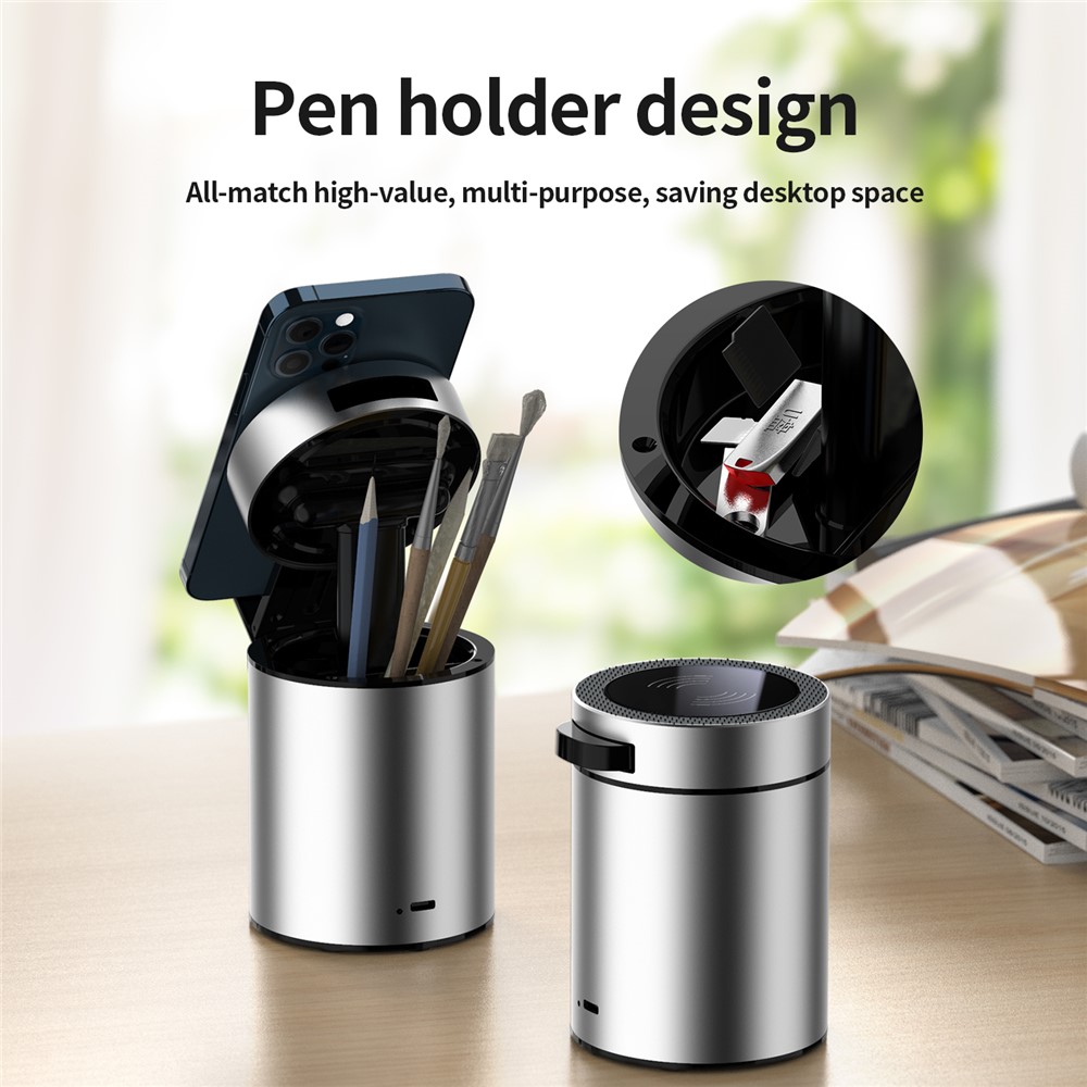CCH1 Folding Portable Mobile Phone Wireless Charging Station with Pen Holder - Metal Silver-4