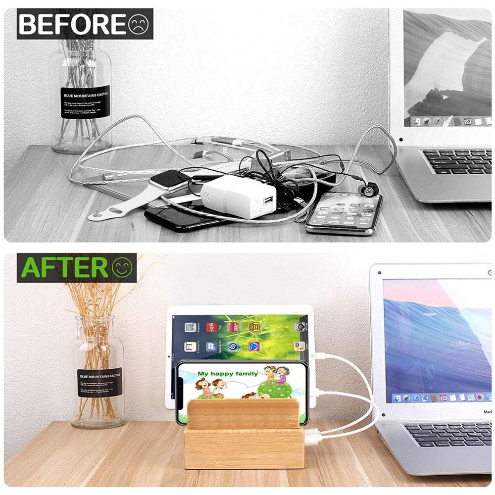 DCR-018 Bamboo Holder Stand for iPhone iPad AirPods Phone Cords Charging Station Docks Organizer - US Plug-2