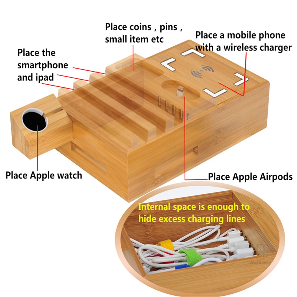 DCR-018 Bamboo Holder Stand for iPhone iPad AirPods Phone Cords Charging Station Docks Organizer - US Plug-3