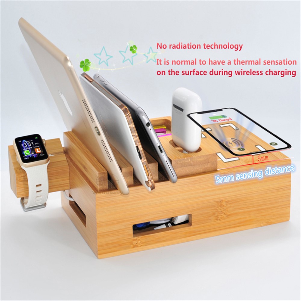 DCR-018 Bamboo Holder Stand for iPhone iPad AirPods Phone Cords Charging Station Docks Organizer - US Plug-5