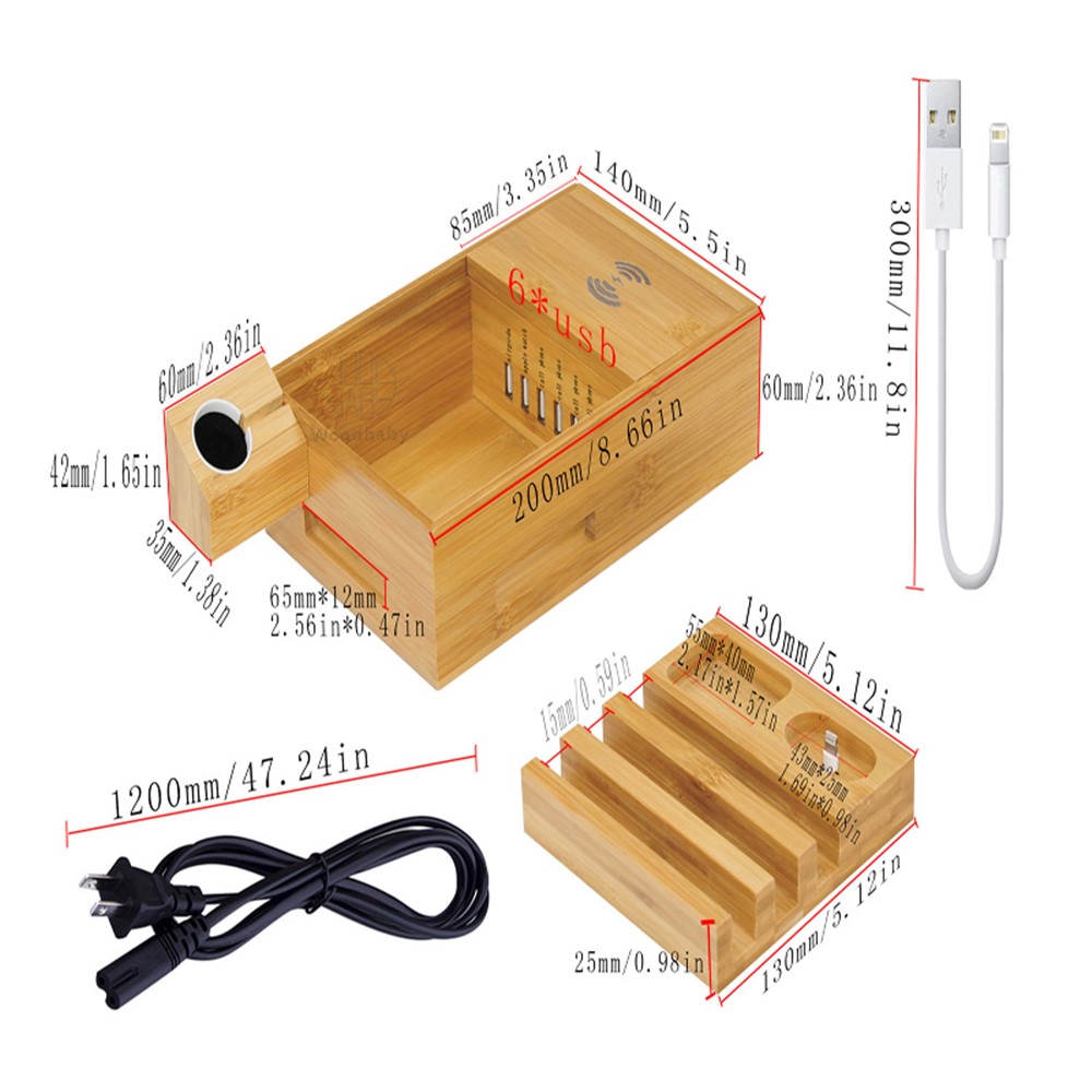 DCR-018 Bamboo Holder Stand for iPhone iPad AirPods Phone Cords Charging Station Docks Organizer - US Plug-6